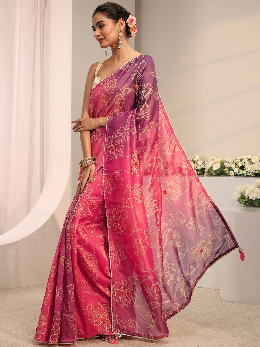  Pink Bandhani Printed Ombre Tissue Saree With Unstitched Blouse Piece 