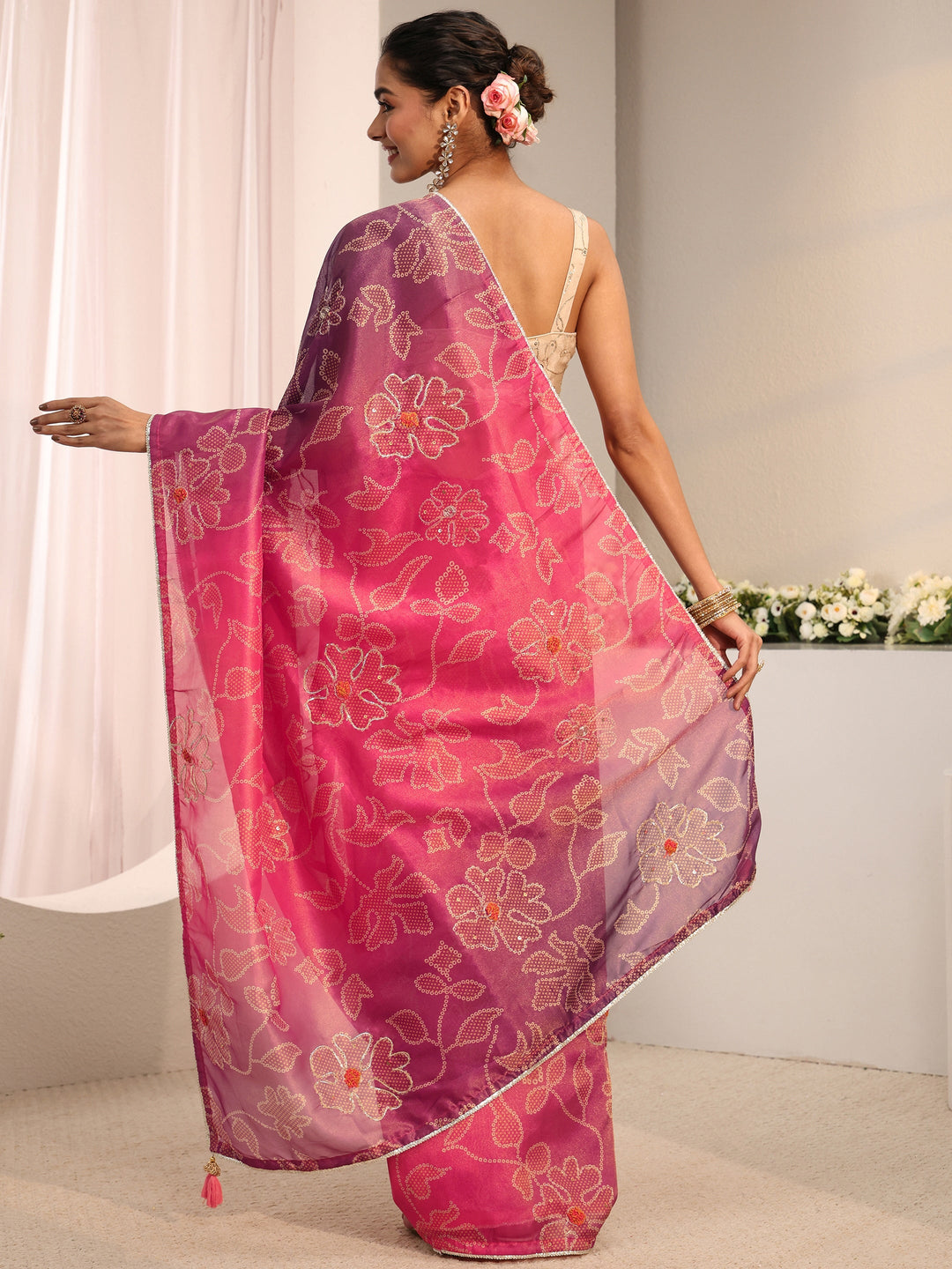  Pink Bandhani Printed Ombre Tissue Saree With Unstitched Blouse Piece 