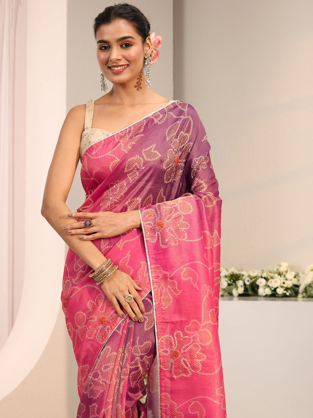  Pink Bandhani Printed Ombre Tissue Saree With Unstitched Blouse Piece 