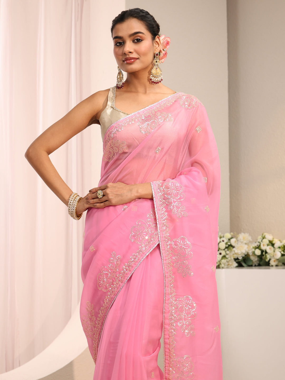  Pink Floral Embellished Tissue Saree With Unstitched Blouse Piece 
