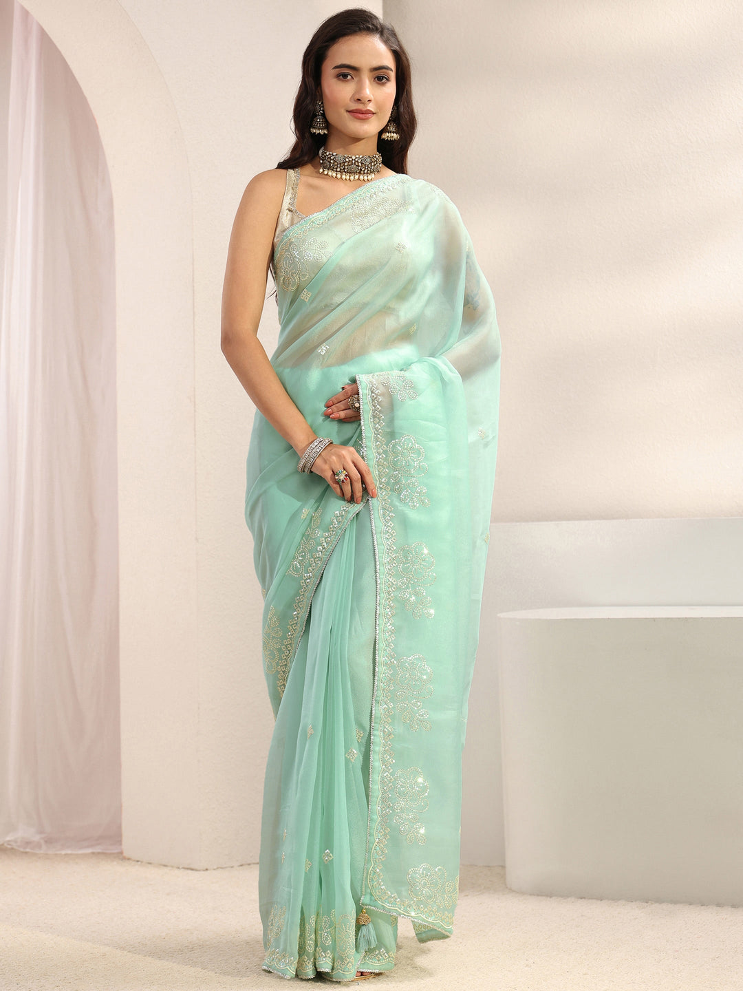  Blue Ethnic Embellished Tissue Saree With Unstitched Blouse Piece 