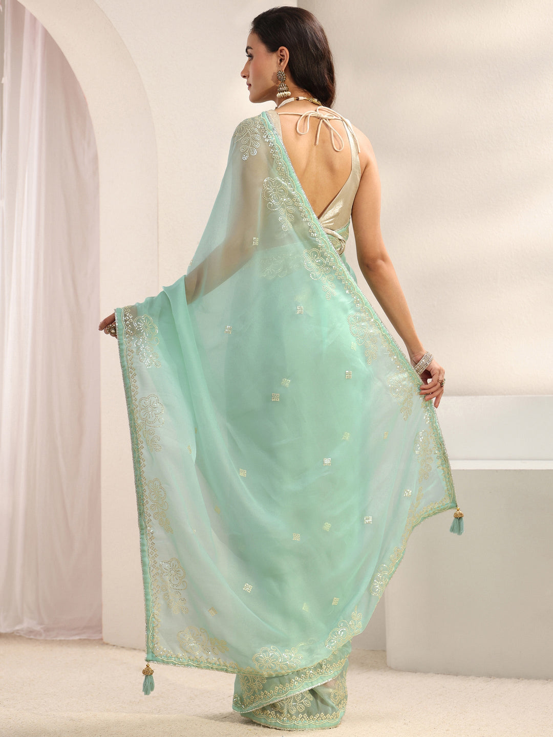  Blue Ethnic Embellished Tissue Saree With Unstitched Blouse Piece 