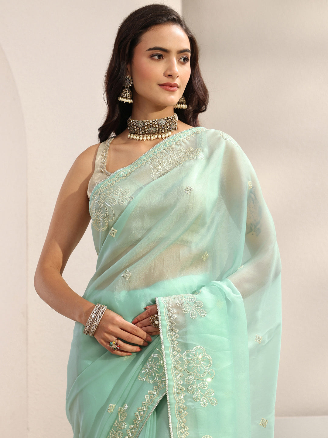  Blue Ethnic Embellished Tissue Saree With Unstitched Blouse Piece 