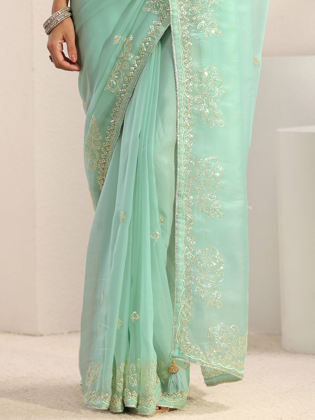 Blue Ethnic Embellished Tissue Saree With Unstitched Blouse Piece 