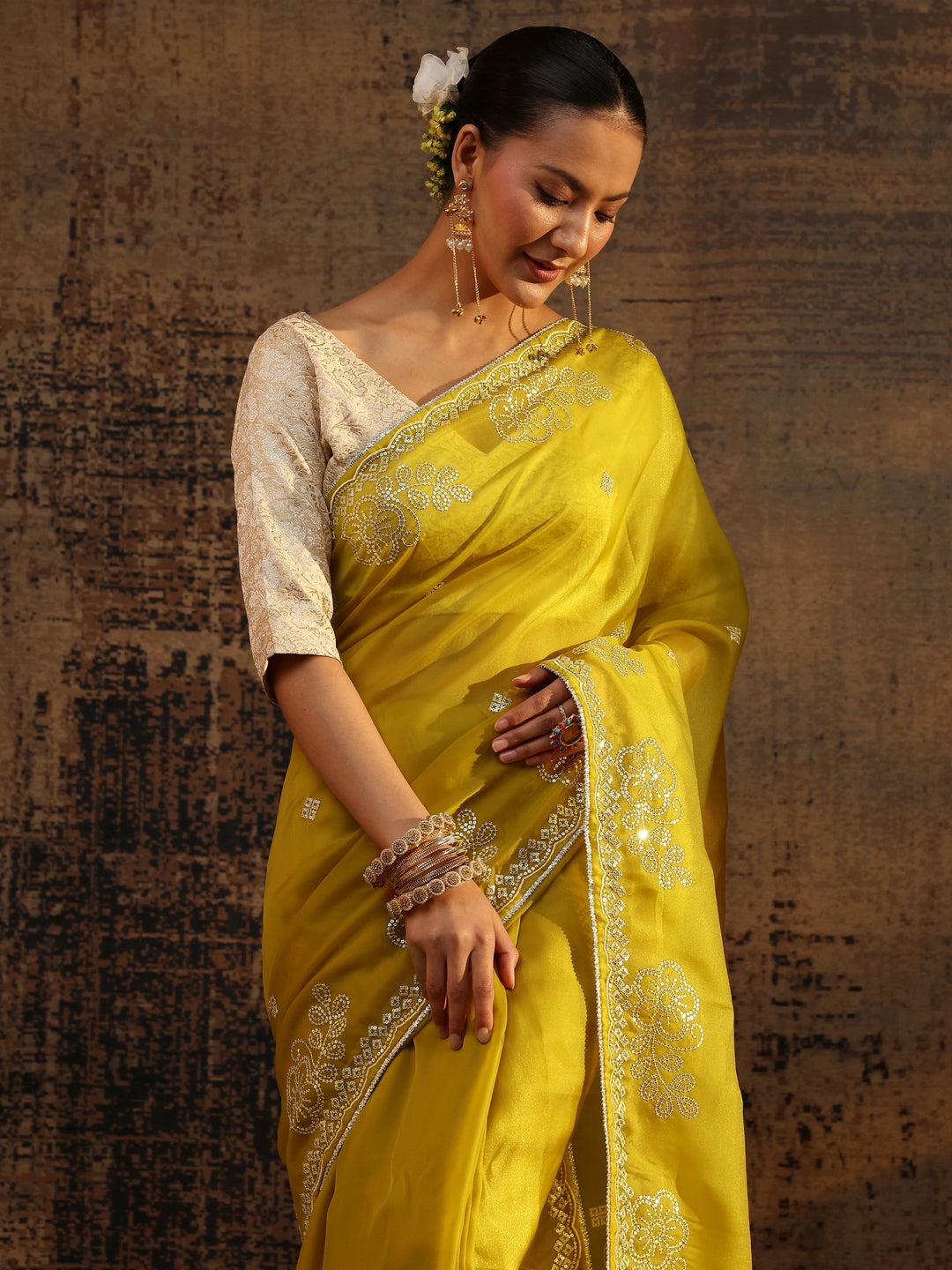  Mustard Ethnic Motifs Embellished Tissue Saree With Unstitched Blouse Piece 