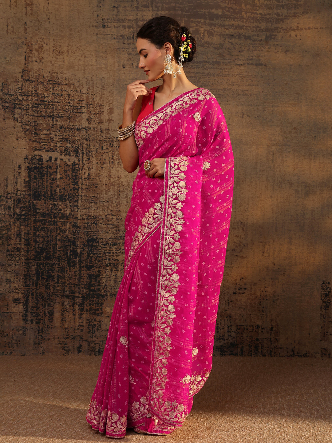  Pink Floral Printed Tissue Saree With Unstitched Blouse Piece 