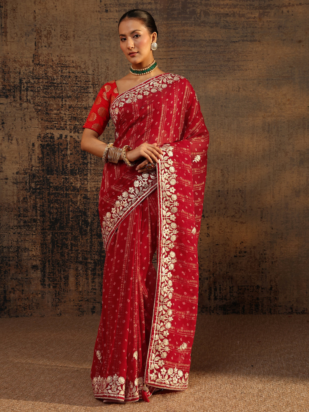  Red Floral Printed Tissue Saree With Unstitched Blouse Piece 