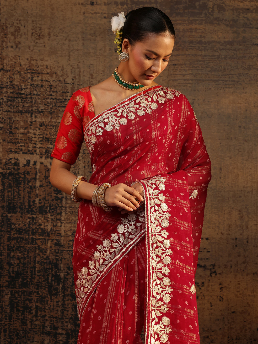  Red Floral Printed Tissue Saree With Unstitched Blouse Piece 