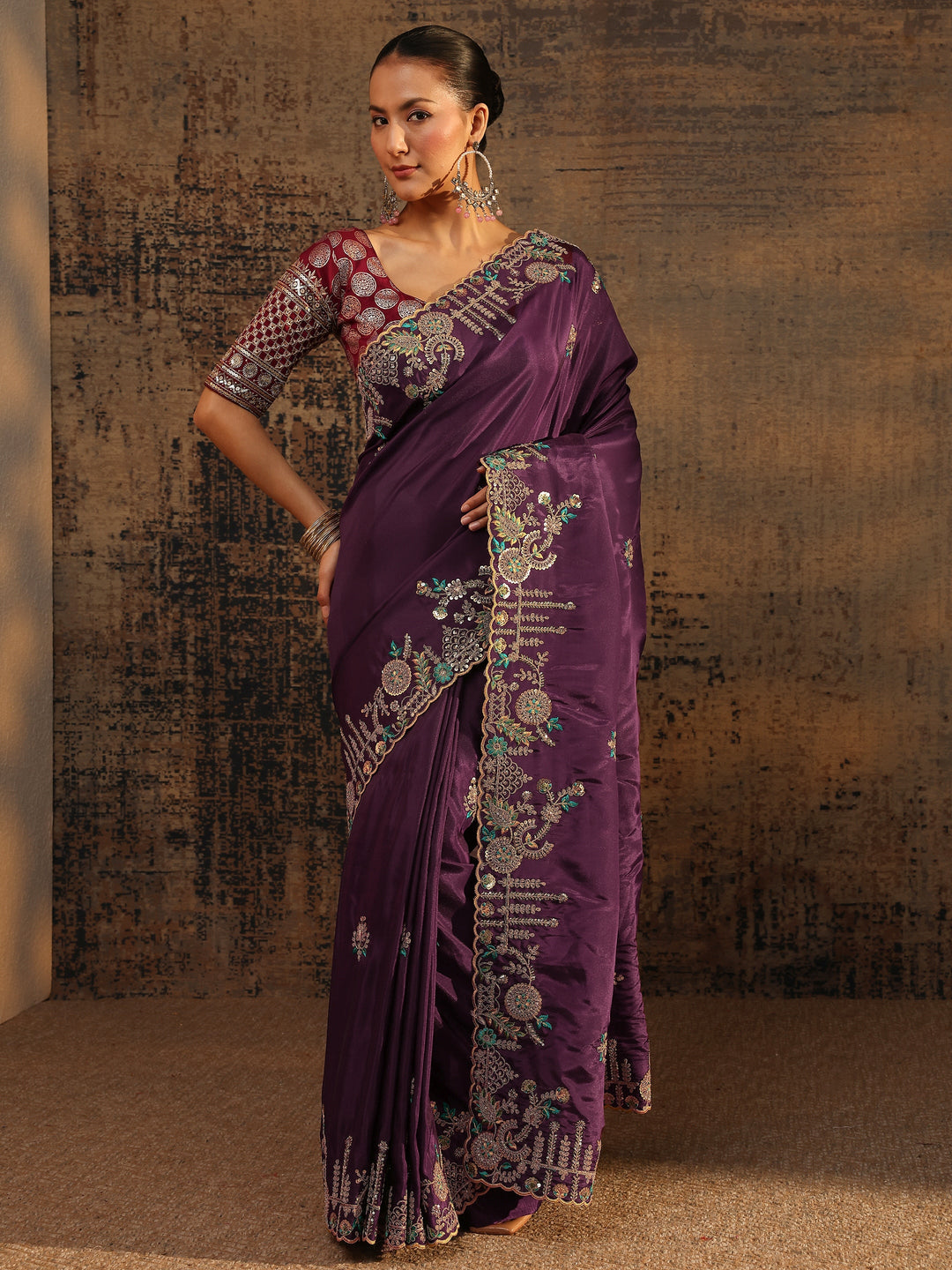  Libas Art Purple Floral Embroidered Tissue Saree With Unstitched Blouse Piece 