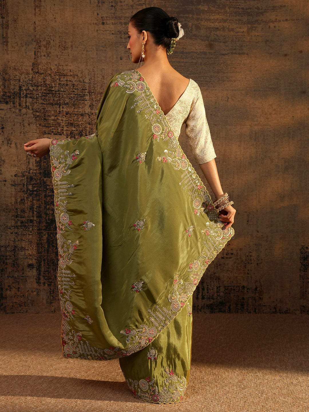  Libas Art Green Floral Embroidered Tissue Saree With Unstitched Blouse Piece 
