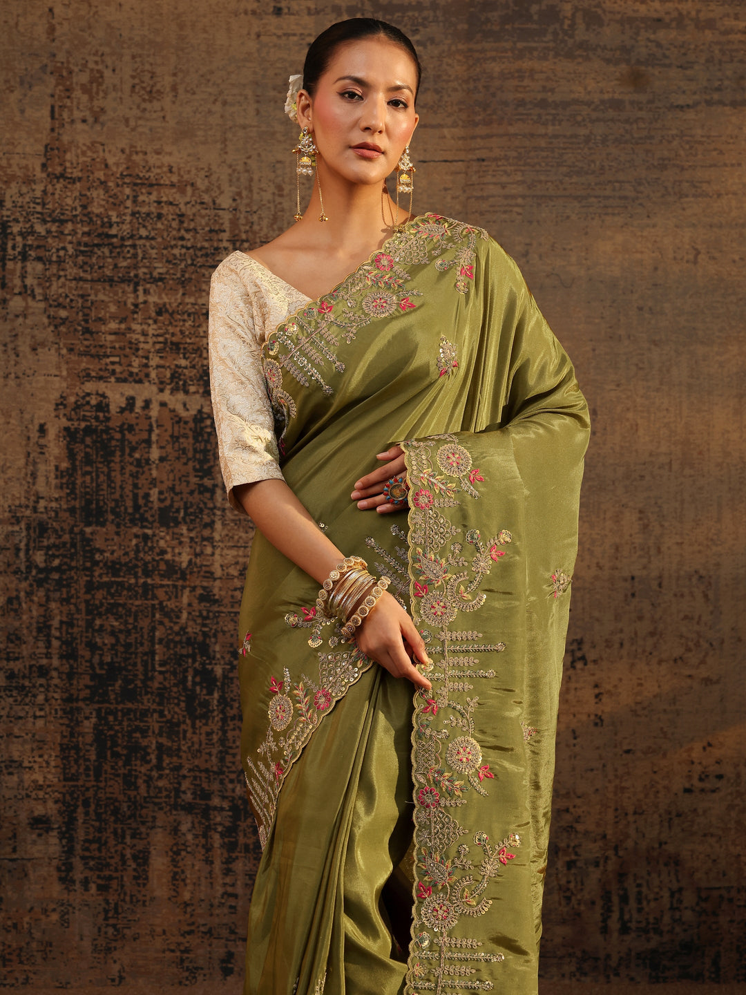  Libas Art Green Floral Embroidered Tissue Saree With Unstitched Blouse Piece 