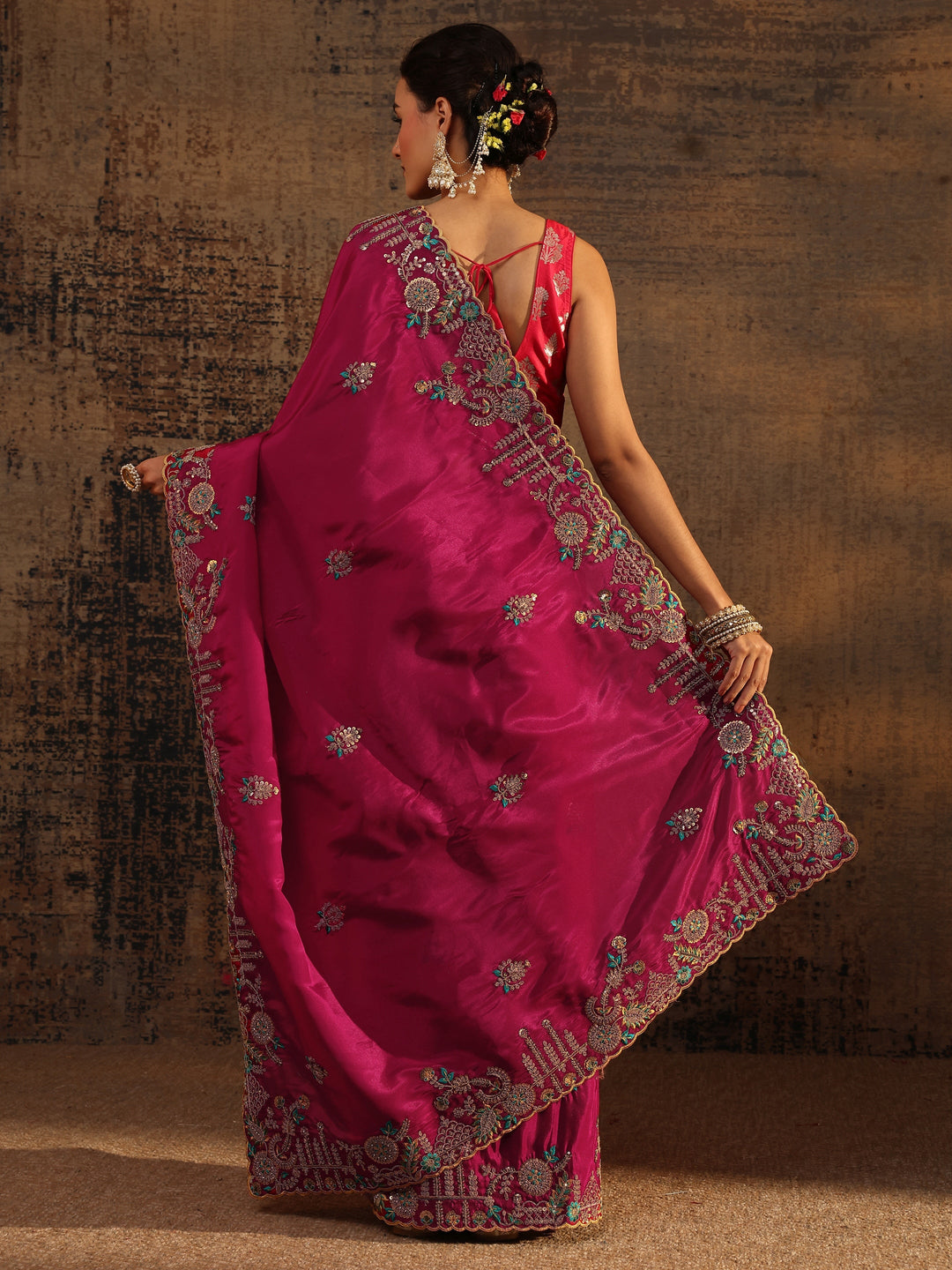  Libas Art Pink Floral Embroidered Tissue Saree With Unstitched Blouse Piece 