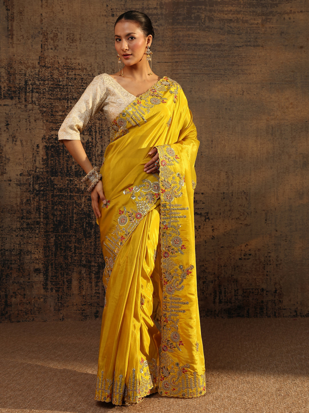  Libas Art Mustard Floral Embroidered Tissue Saree With Unstitched Blouse Piece 