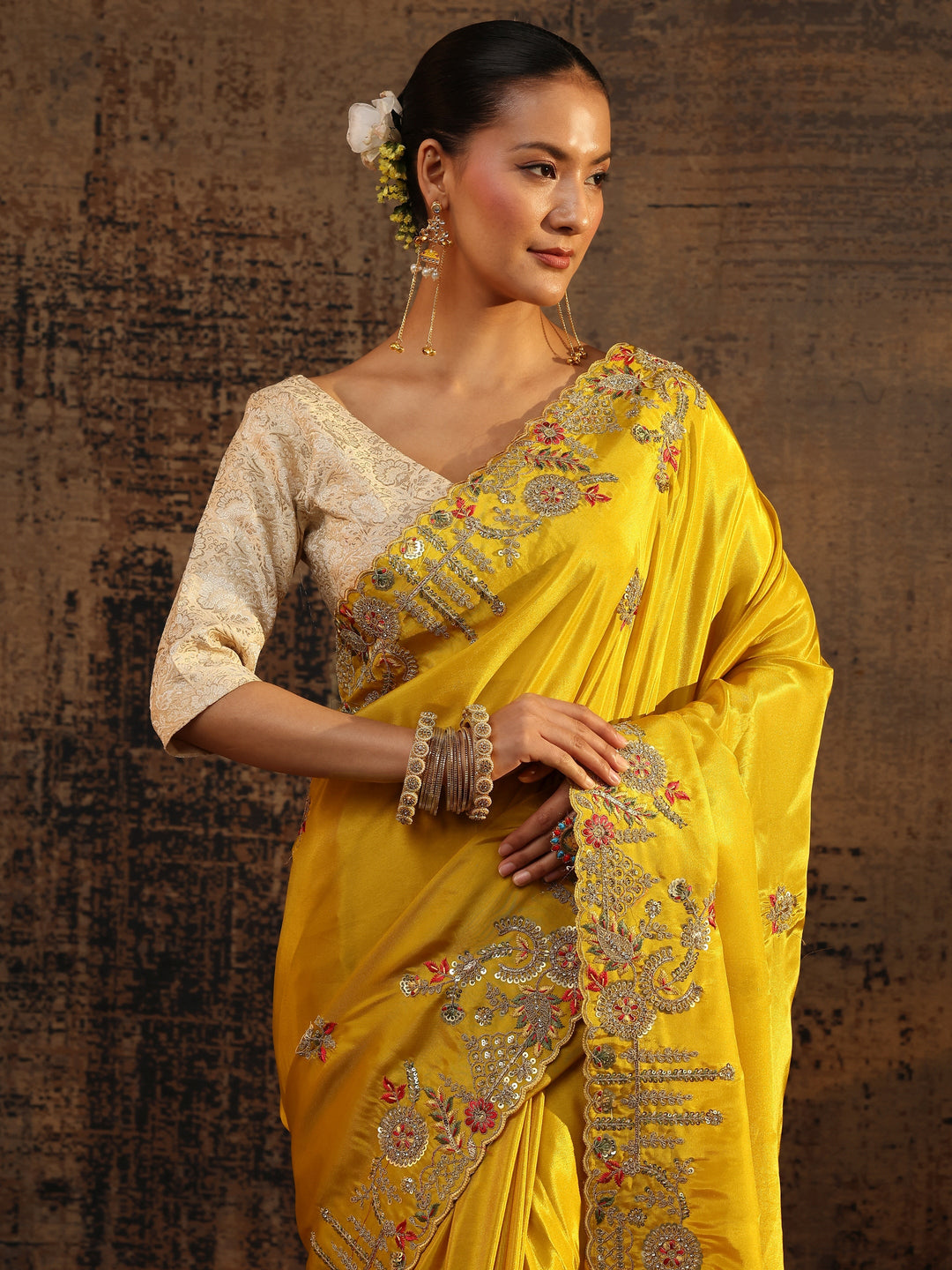  Libas Art Mustard Floral Embroidered Tissue Saree With Unstitched Blouse Piece 
