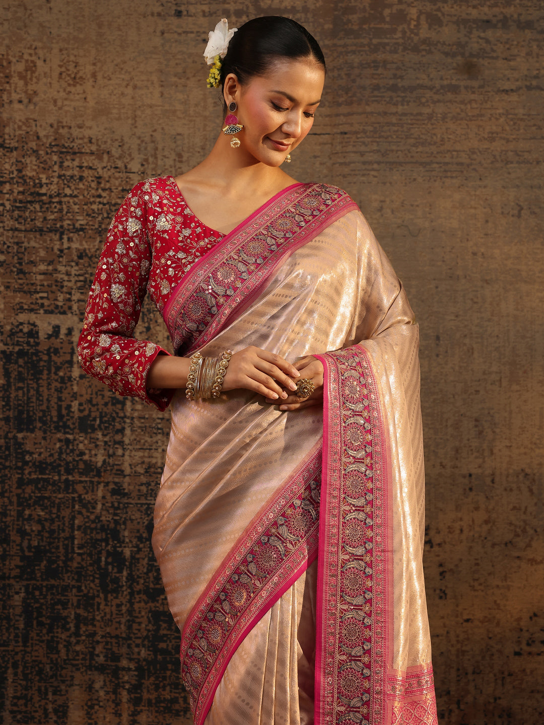  Libas Art Gold Ethnic Motifs Woven Design Silk Blend Saree With Unstitched Blouse Piece 