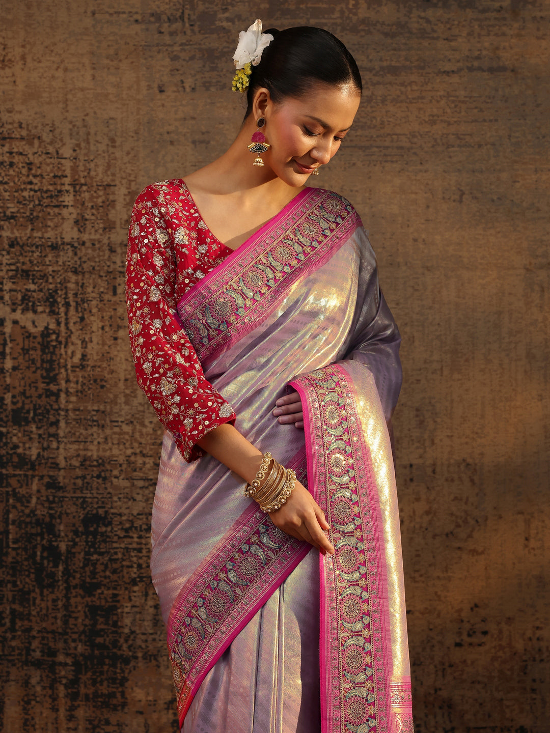 Libas Art Lavender Ethnic Motifs Woven Design Silk Blend Saree With Unstitched Blouse Piece 