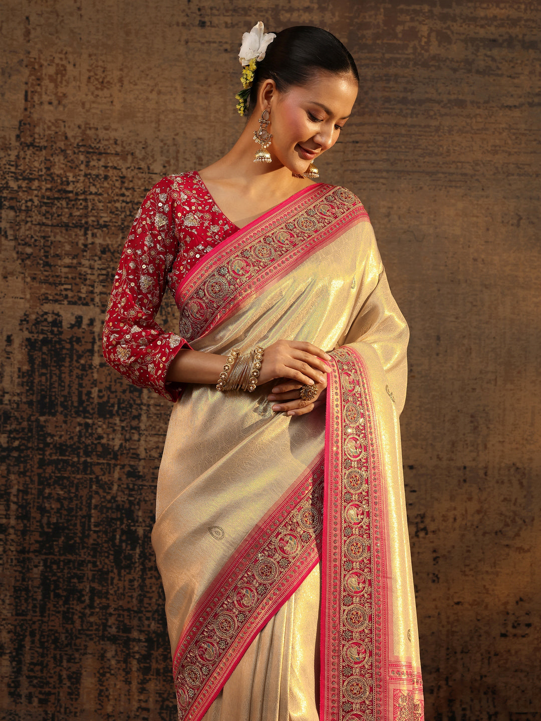  Libas Art Gold Ethnic Motifs Woven Design Silk Blend Saree With Unstitched Blouse Piece 