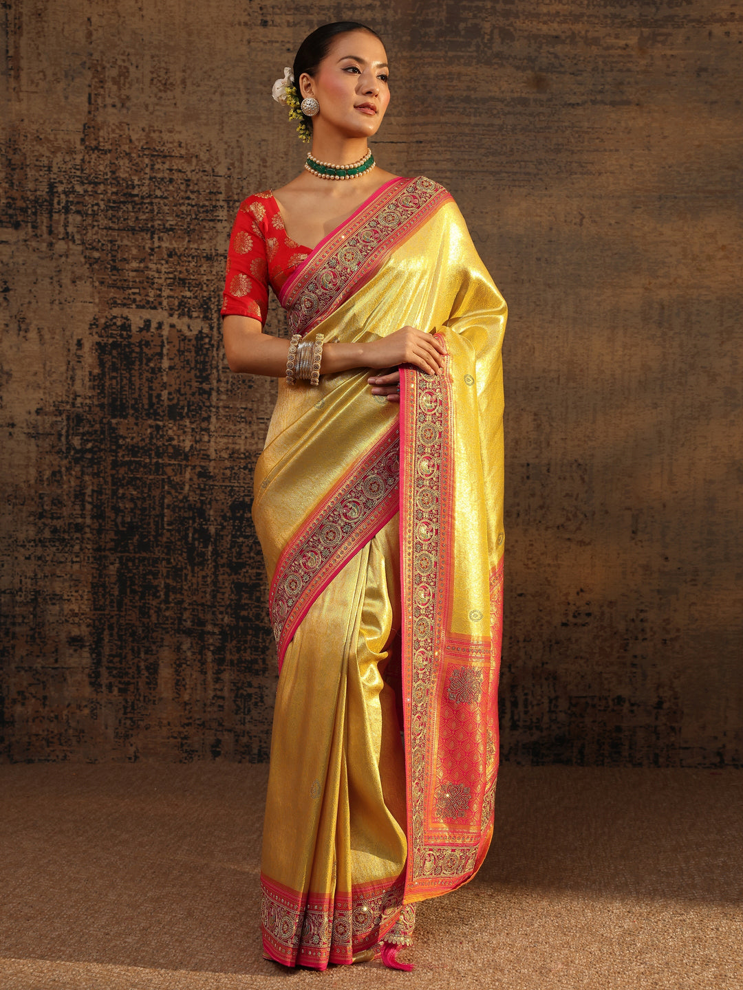  Libas Art Mustard Ethnic Motifs Woven Design Silk Blend Saree With Unstitched Blouse Piece 