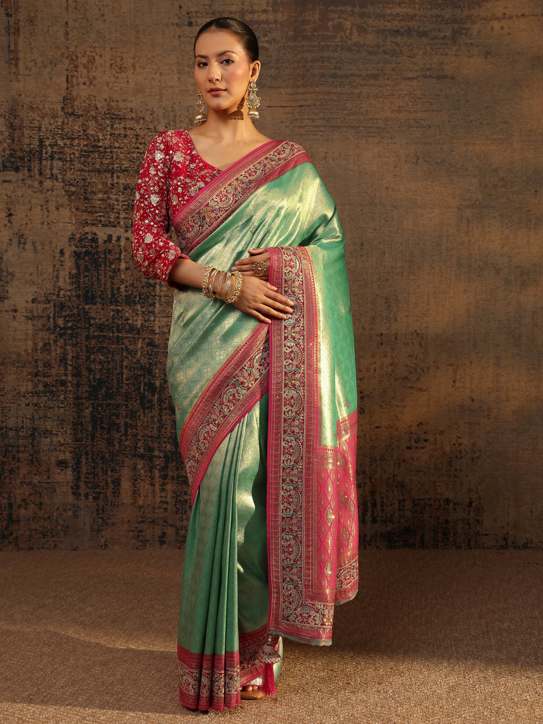  Libas Art Green Ethnic Motifs Woven Design Silk Blend Saree With Unstitched Blouse Piece 