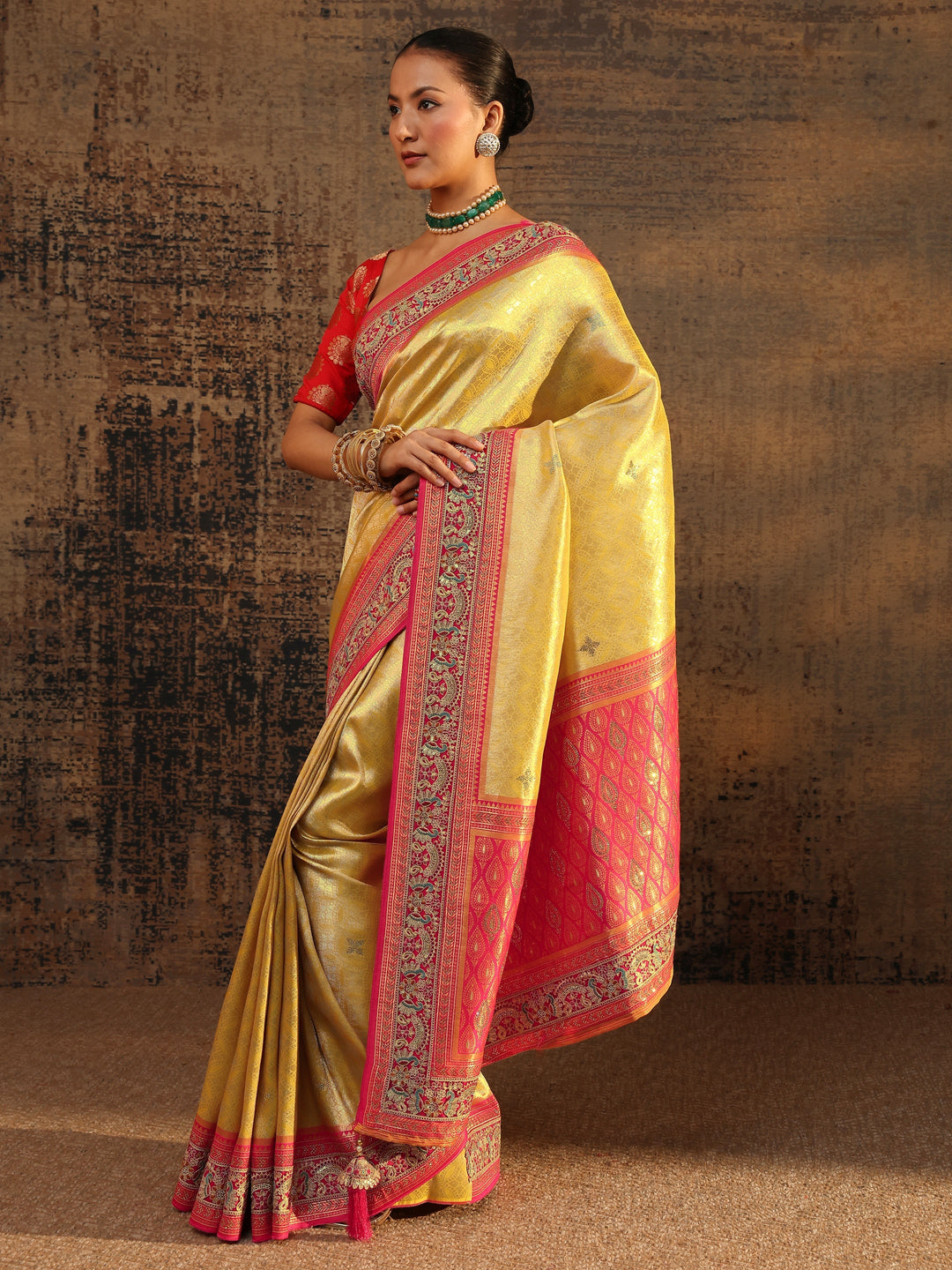  Libas Art Mustard Ethnic Motifs Woven Design Silk Blend Saree With Unstitched Blouse Piece 