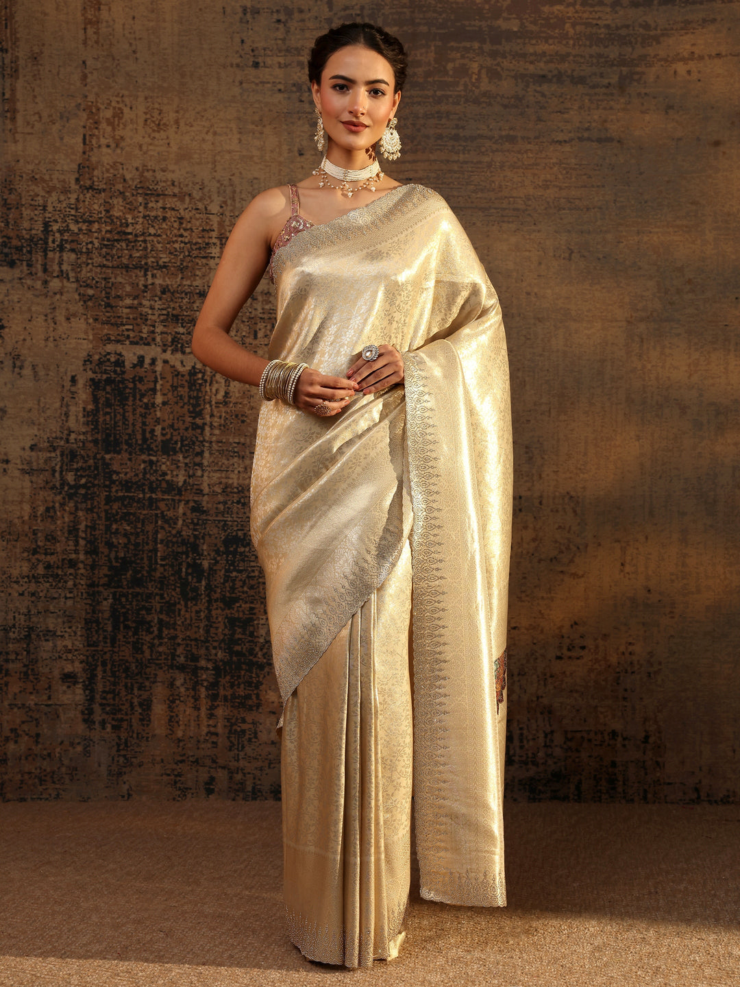  Gold Ethnic Motifs Woven Design Silk Blend Saree With Unstitched Blouse Piece 