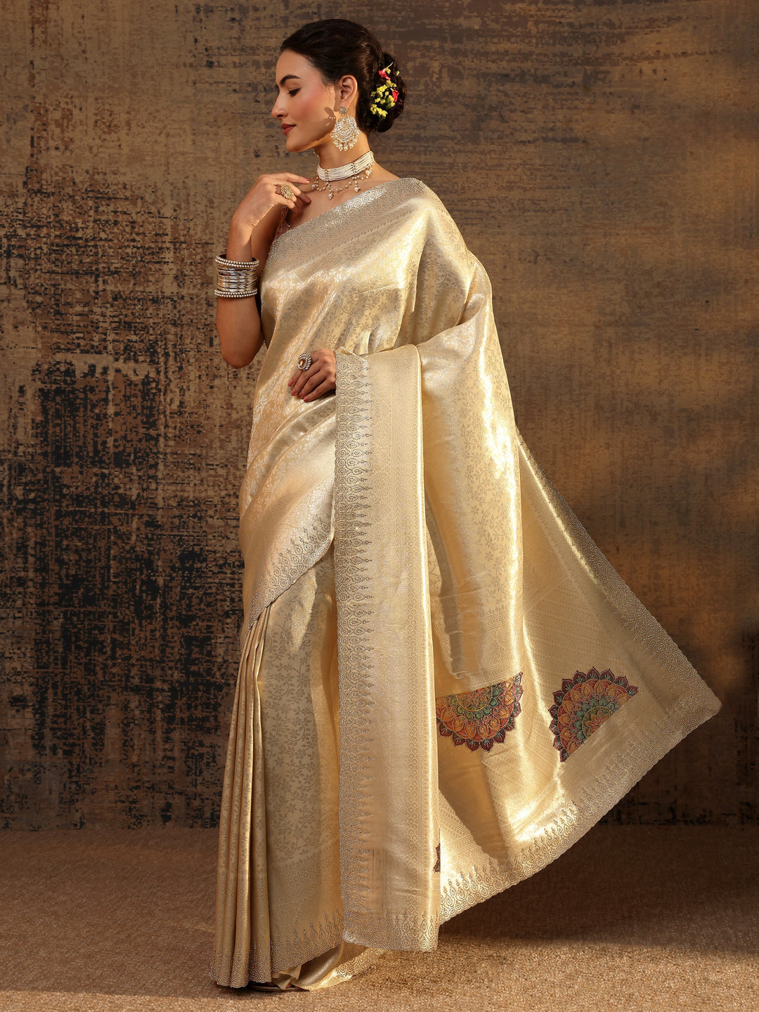  Gold Ethnic Motifs Woven Design Silk Blend Saree With Unstitched Blouse Piece 