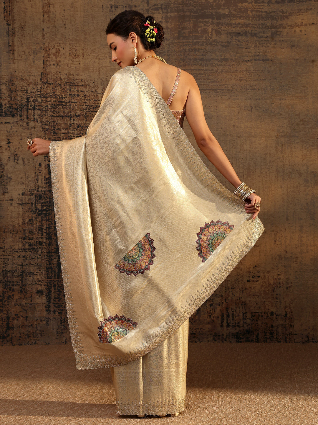  Gold Ethnic Motifs Woven Design Silk Blend Saree With Unstitched Blouse Piece 