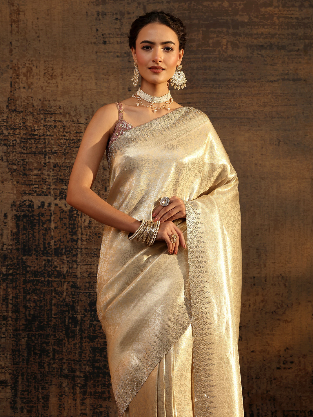  Gold Ethnic Motifs Woven Design Silk Blend Saree With Unstitched Blouse Piece 