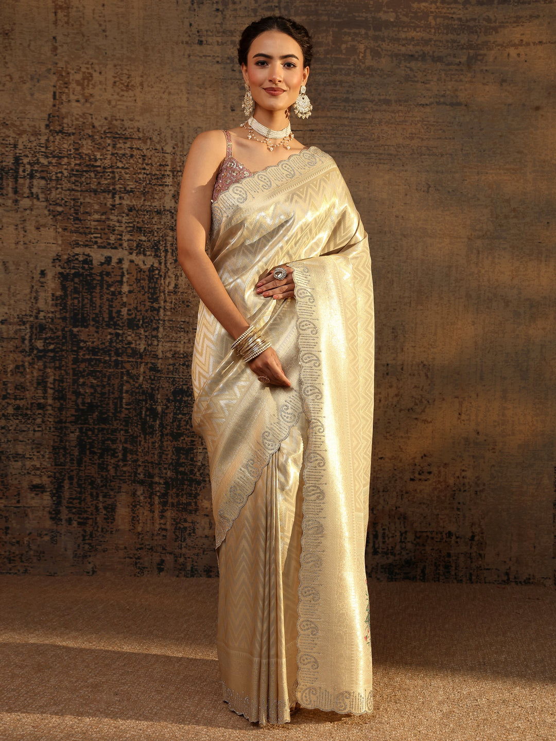  Gold Ethnic Motifs Woven Design Silk Blend Saree With Unstitched Blouse Piece 