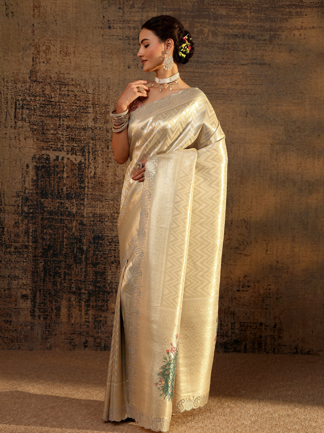  Gold Ethnic Motifs Woven Design Silk Blend Saree With Unstitched Blouse Piece 