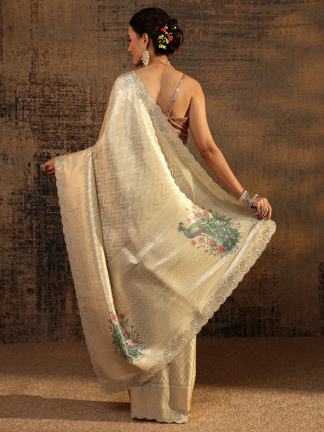  Gold Ethnic Motifs Woven Design Silk Blend Saree With Unstitched Blouse Piece 