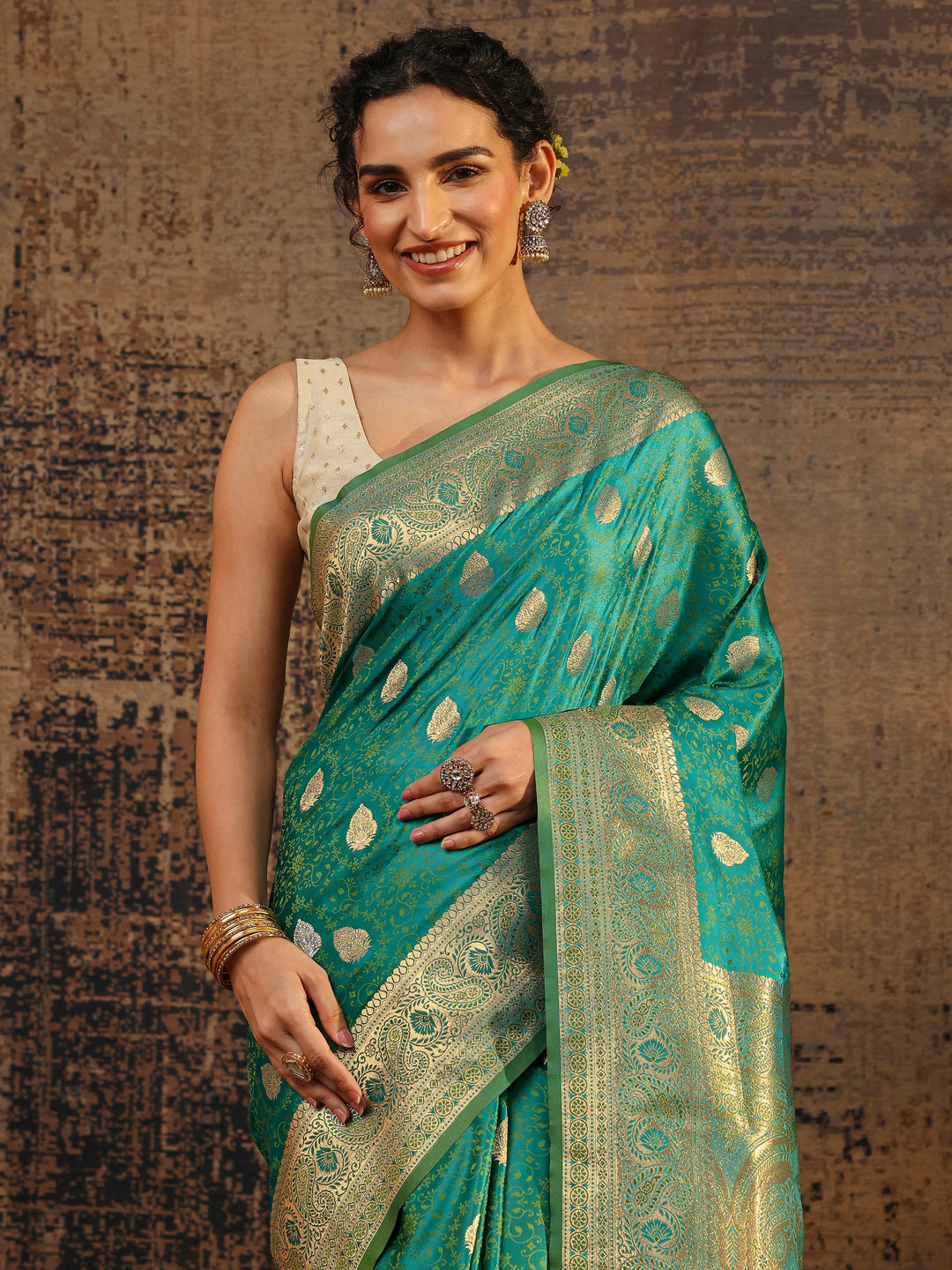  Green Floral Woven Design Silk Blend Saree With Unstitched Blouse Piece 