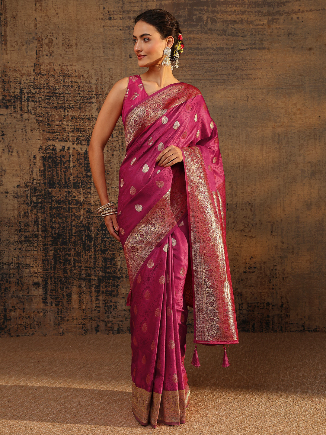  Pink Floral Woven Design Silk Blend Saree With Unstitched Blouse Piece 