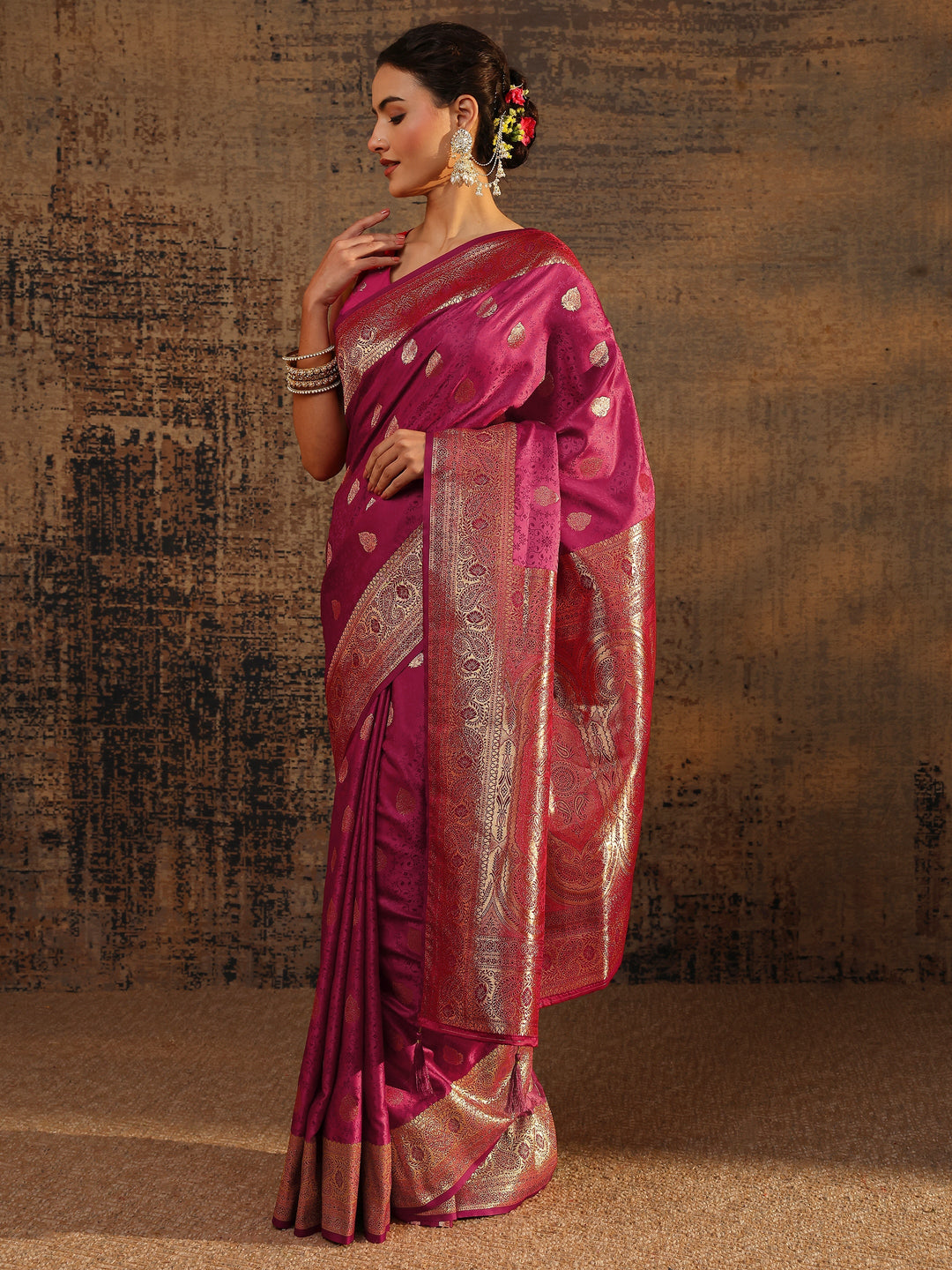  Pink Floral Woven Design Silk Blend Saree With Unstitched Blouse Piece 