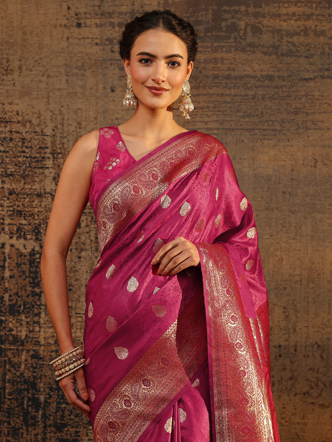  Pink Floral Woven Design Silk Blend Saree With Unstitched Blouse Piece 