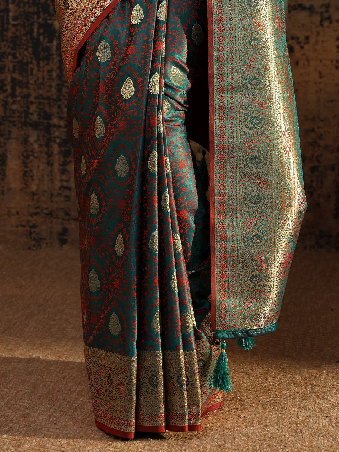  Teal Floral Woven Design Silk Blend Saree With Unstitched Blouse Piece 