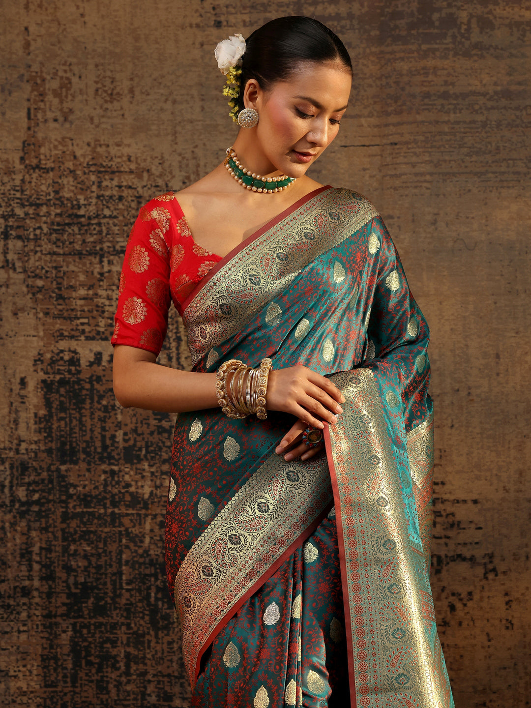  Teal Floral Woven Design Silk Blend Saree With Unstitched Blouse Piece 