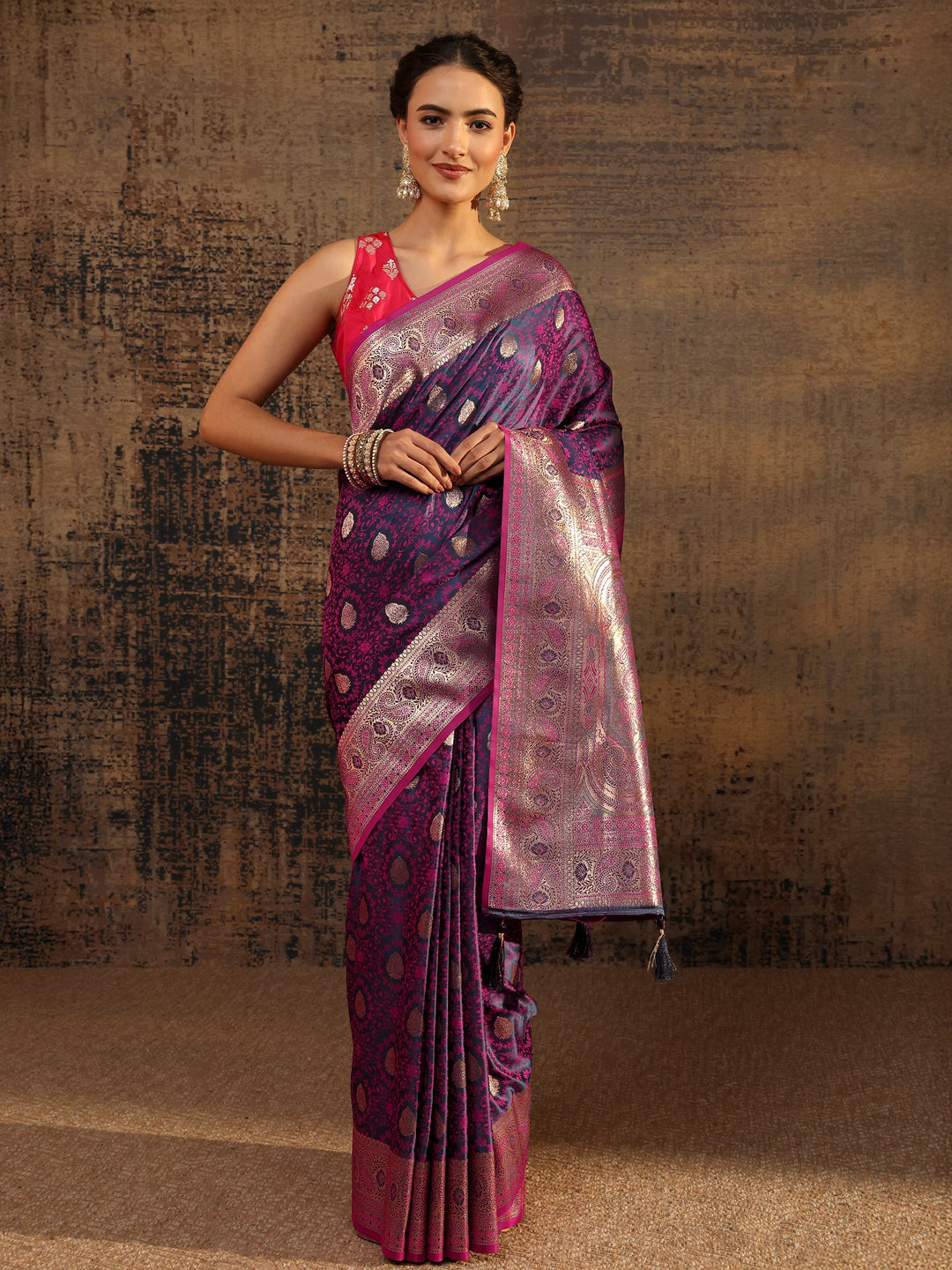  Purple Floral Woven Design Silk Blend Saree With Unstitched Blouse Piece 