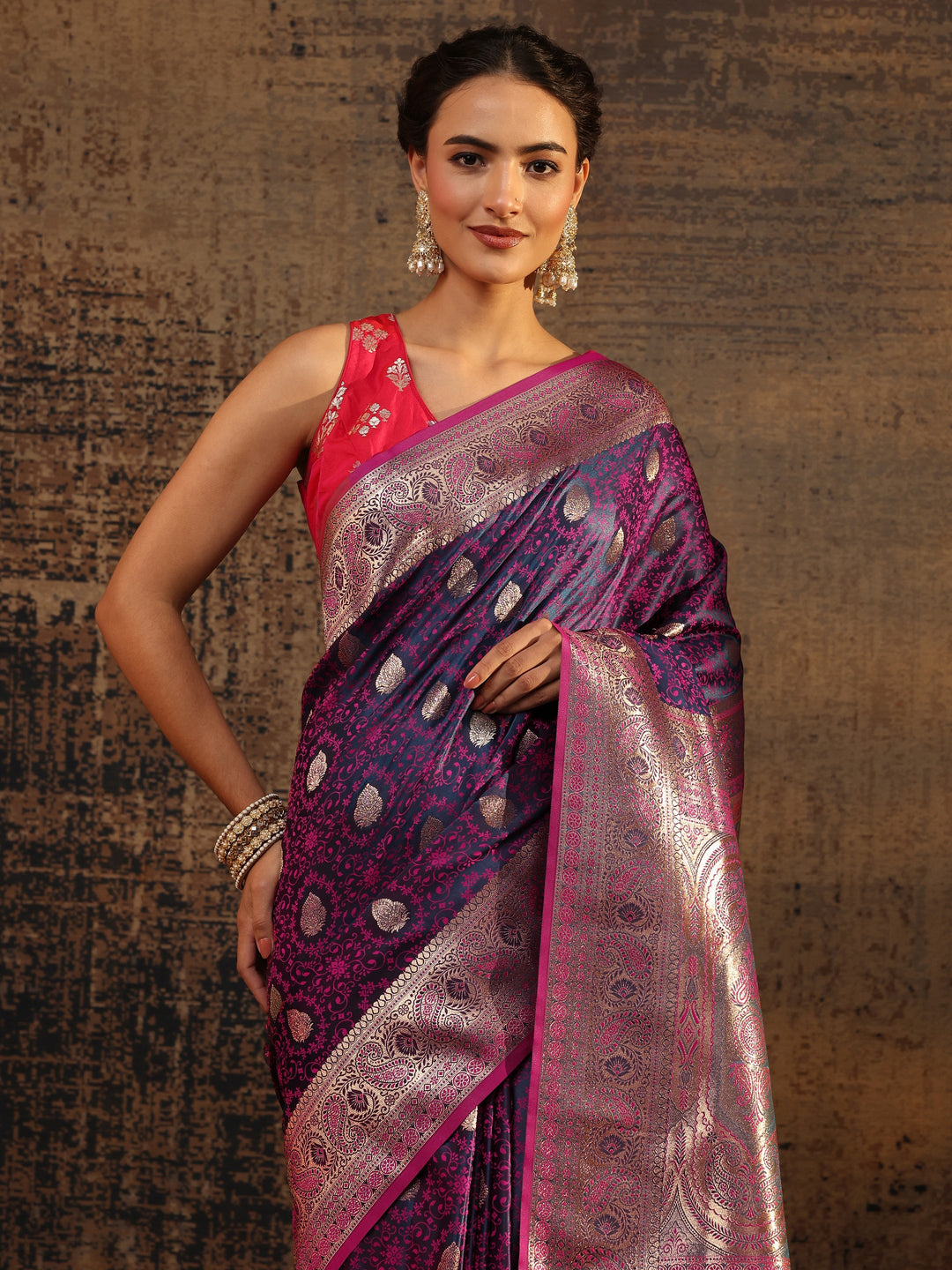  Purple Floral Woven Design Silk Blend Saree With Unstitched Blouse Piece 