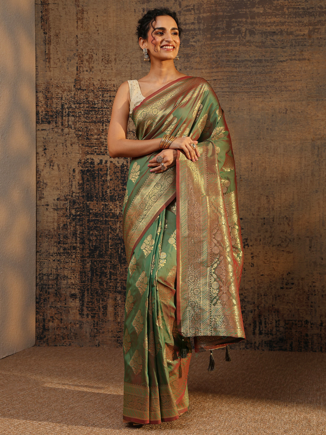  Green Floral Woven Design Silk Blend Saree With Unstitched Blouse Piece 