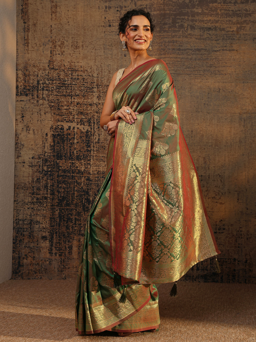  Green Floral Woven Design Silk Blend Saree With Unstitched Blouse Piece 