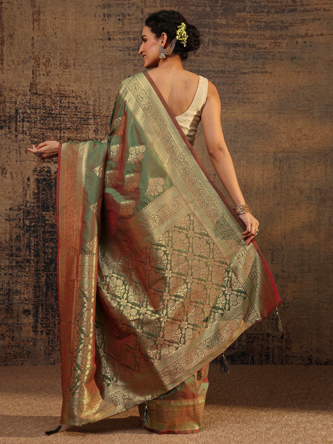  Green Floral Woven Design Silk Blend Saree With Unstitched Blouse Piece 