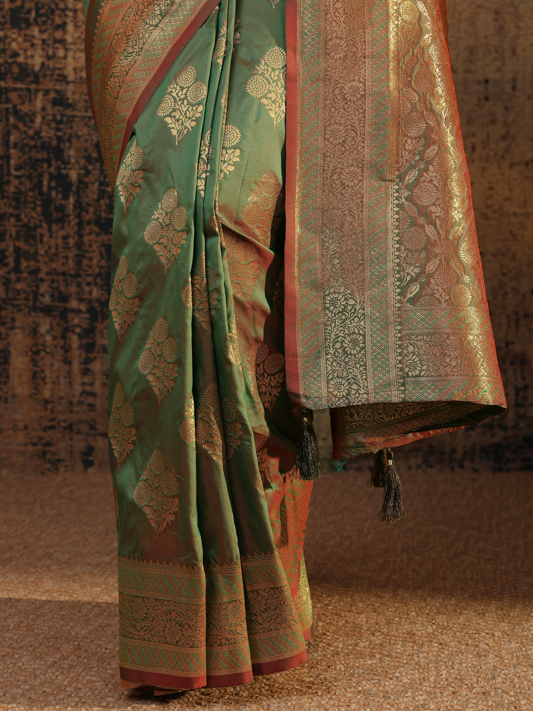  Green Floral Woven Design Silk Blend Saree With Unstitched Blouse Piece 