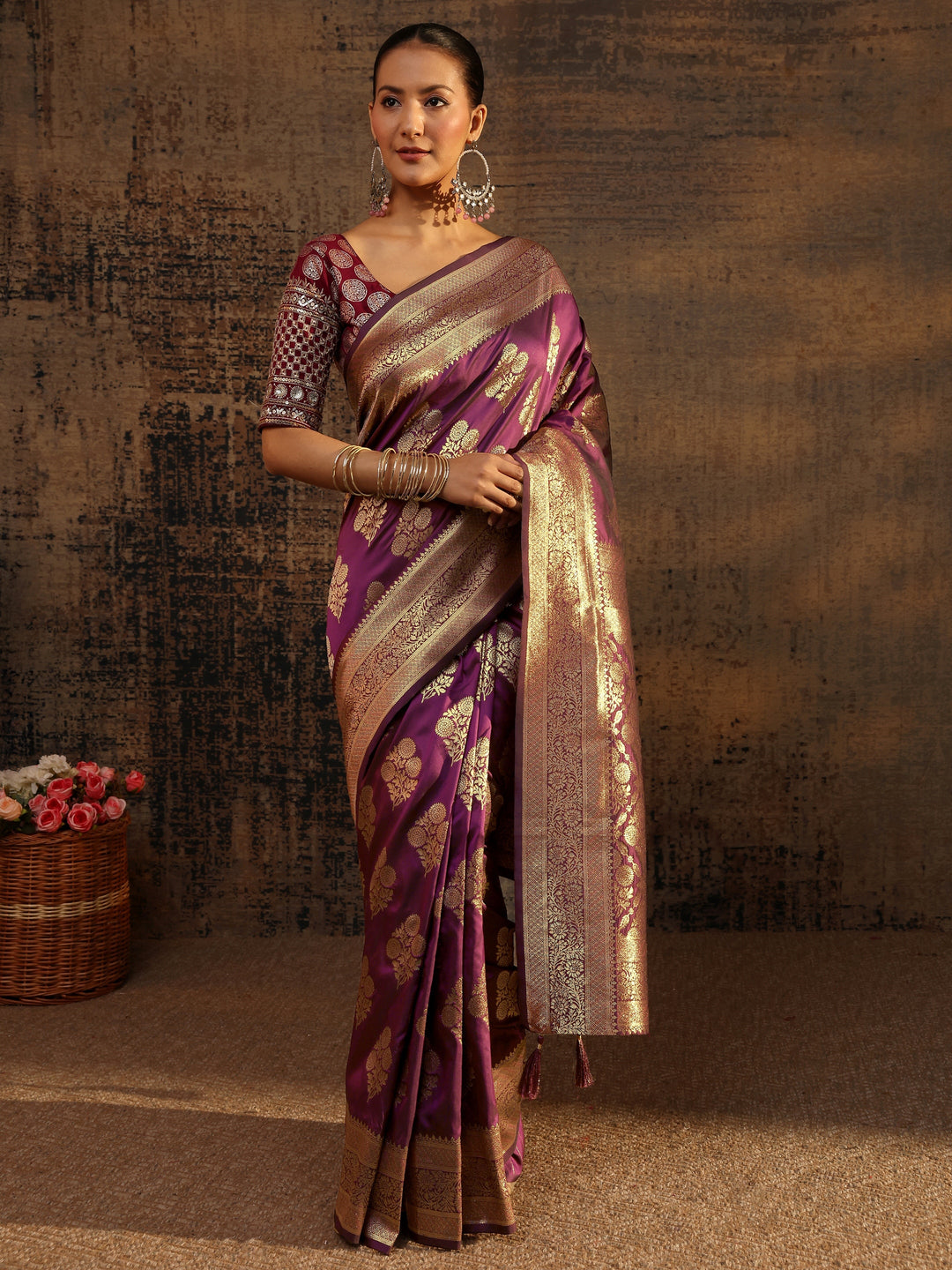  Purple Floral Woven Design Silk Blend Saree With Unstitched Blouse Piece 