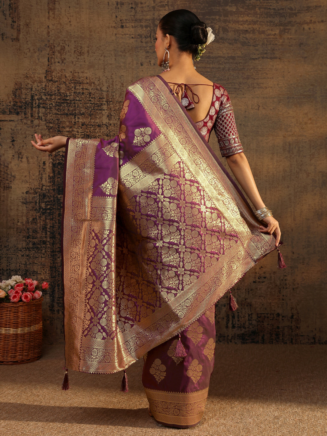  Purple Floral Woven Design Silk Blend Saree With Unstitched Blouse Piece 
