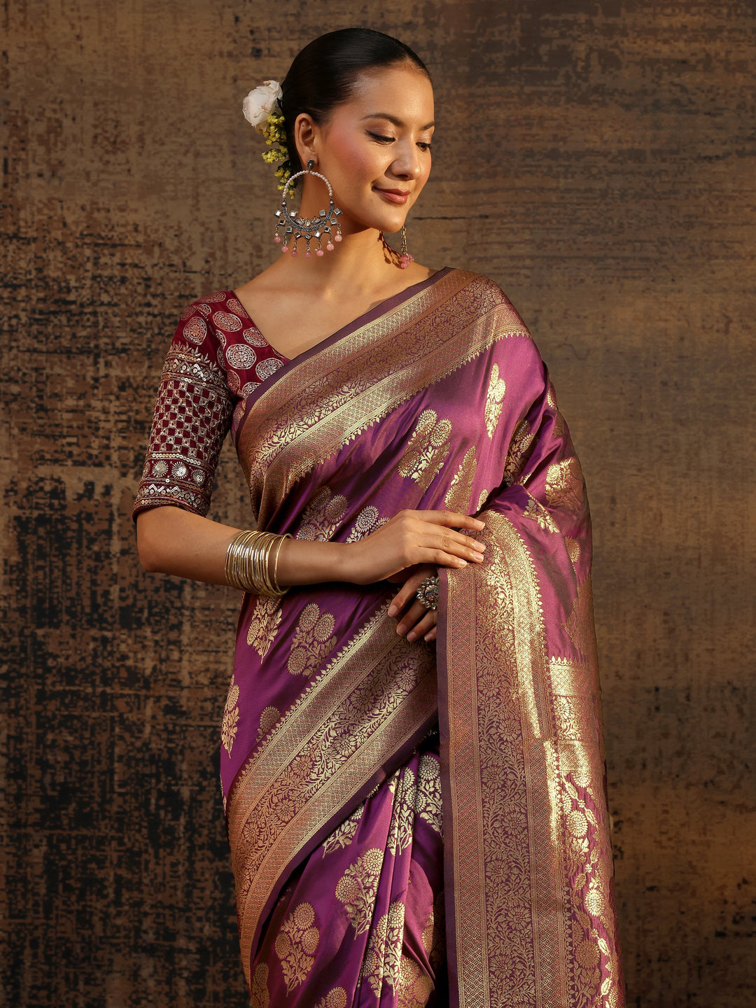  Purple Floral Woven Design Silk Blend Saree With Unstitched Blouse Piece 