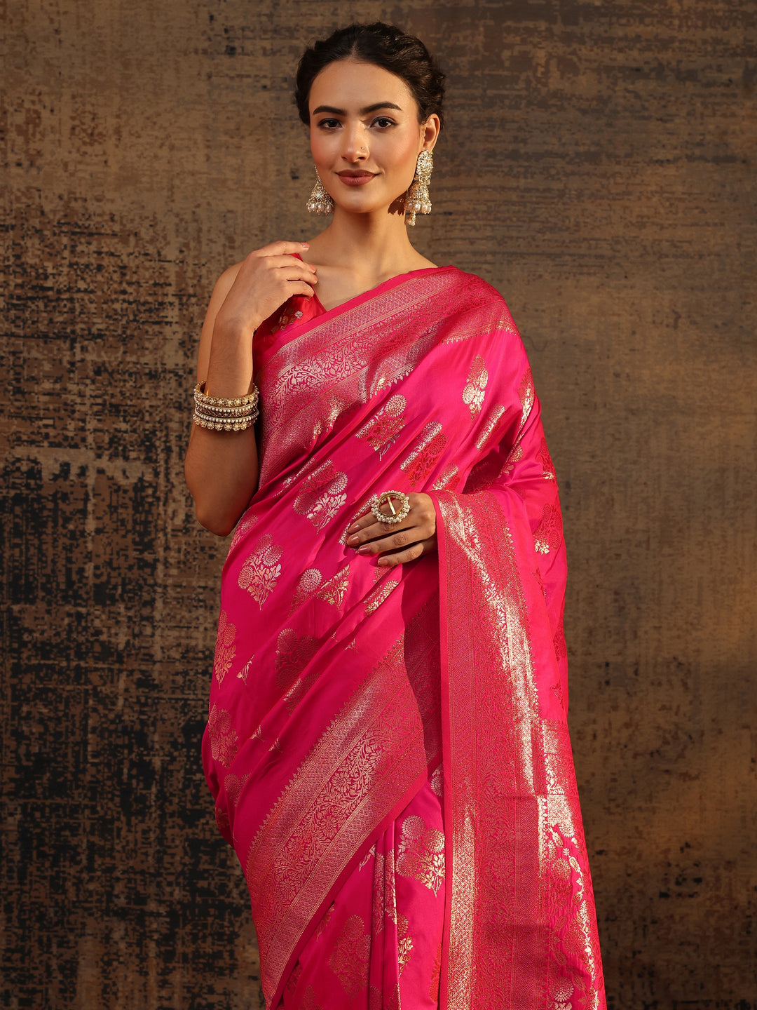  Pink Floral Woven Design Silk Blend Saree With Unstitched Blouse Piece 