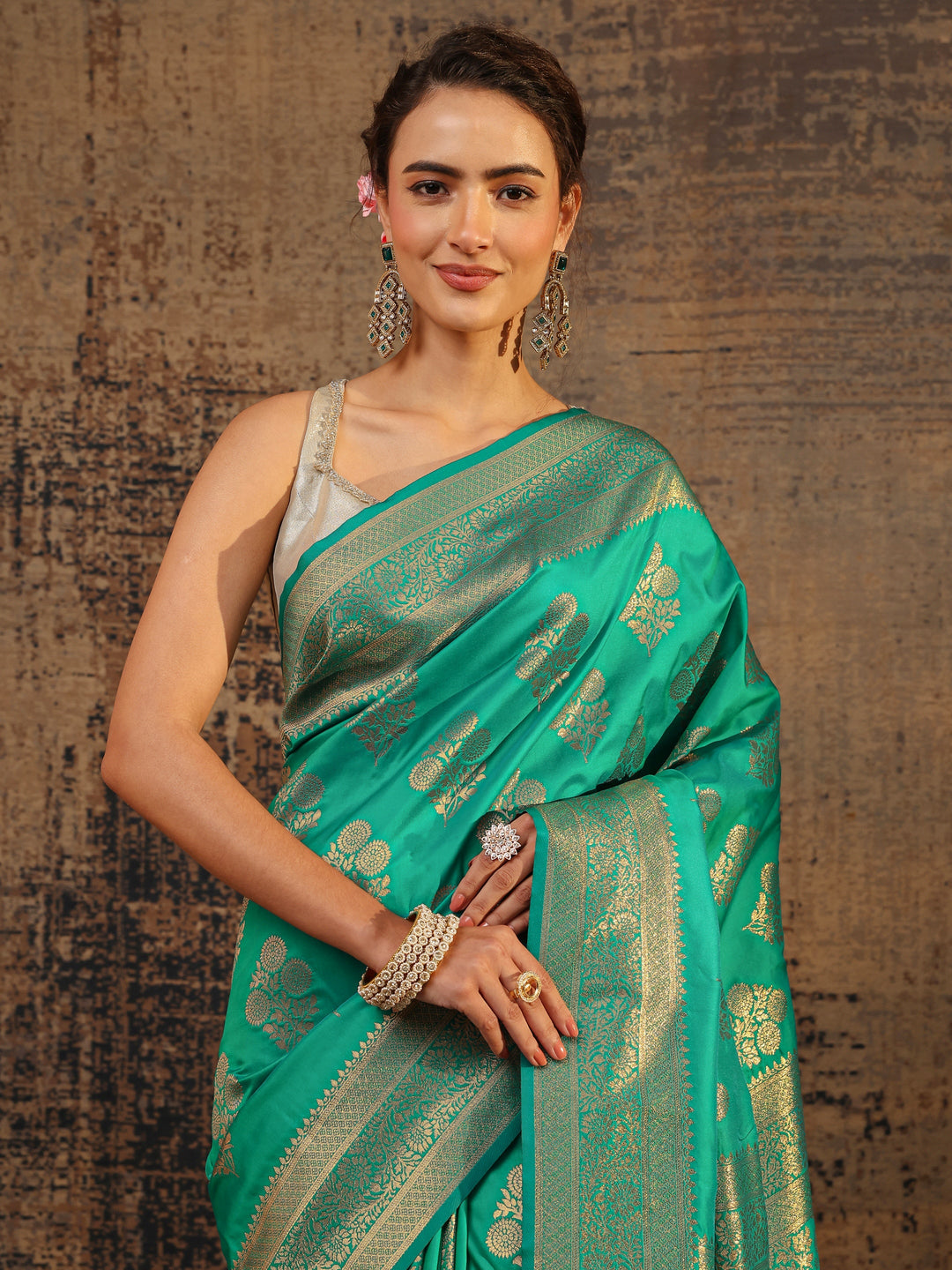  Green Floral Woven Design Silk Blend Saree With Unstitched Blouse Piece 