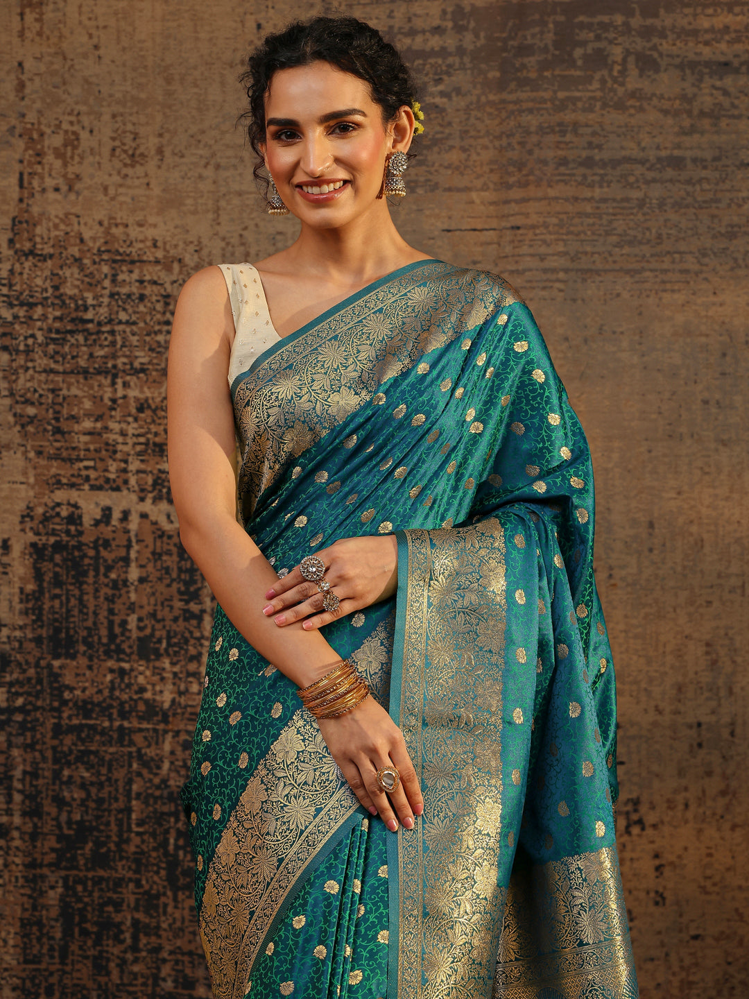  Green Floral Woven Design Silk Blend Saree With Unstitched Blouse Piece 