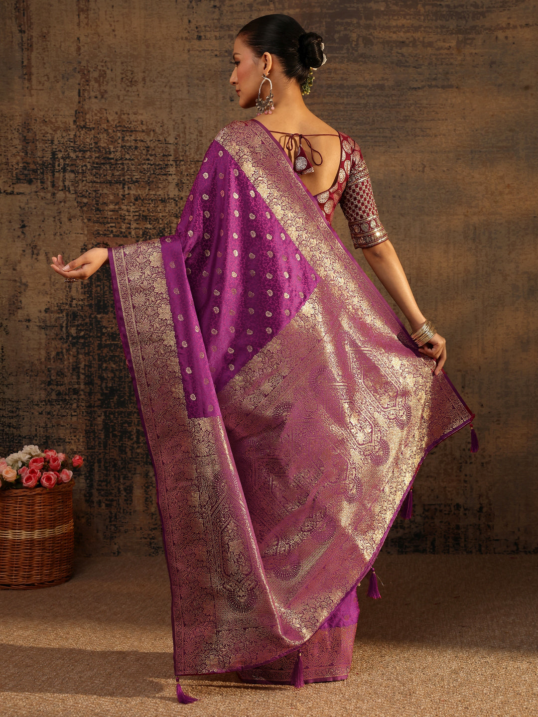 Purple Floral Woven Design Silk Blend Saree With Unstitched Blouse Piece 